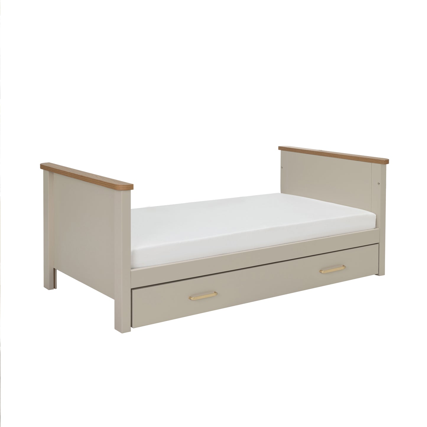 Beigemore mira cot bed in cashmere warm oak with beige wooden daybed and built-in drawer for storage