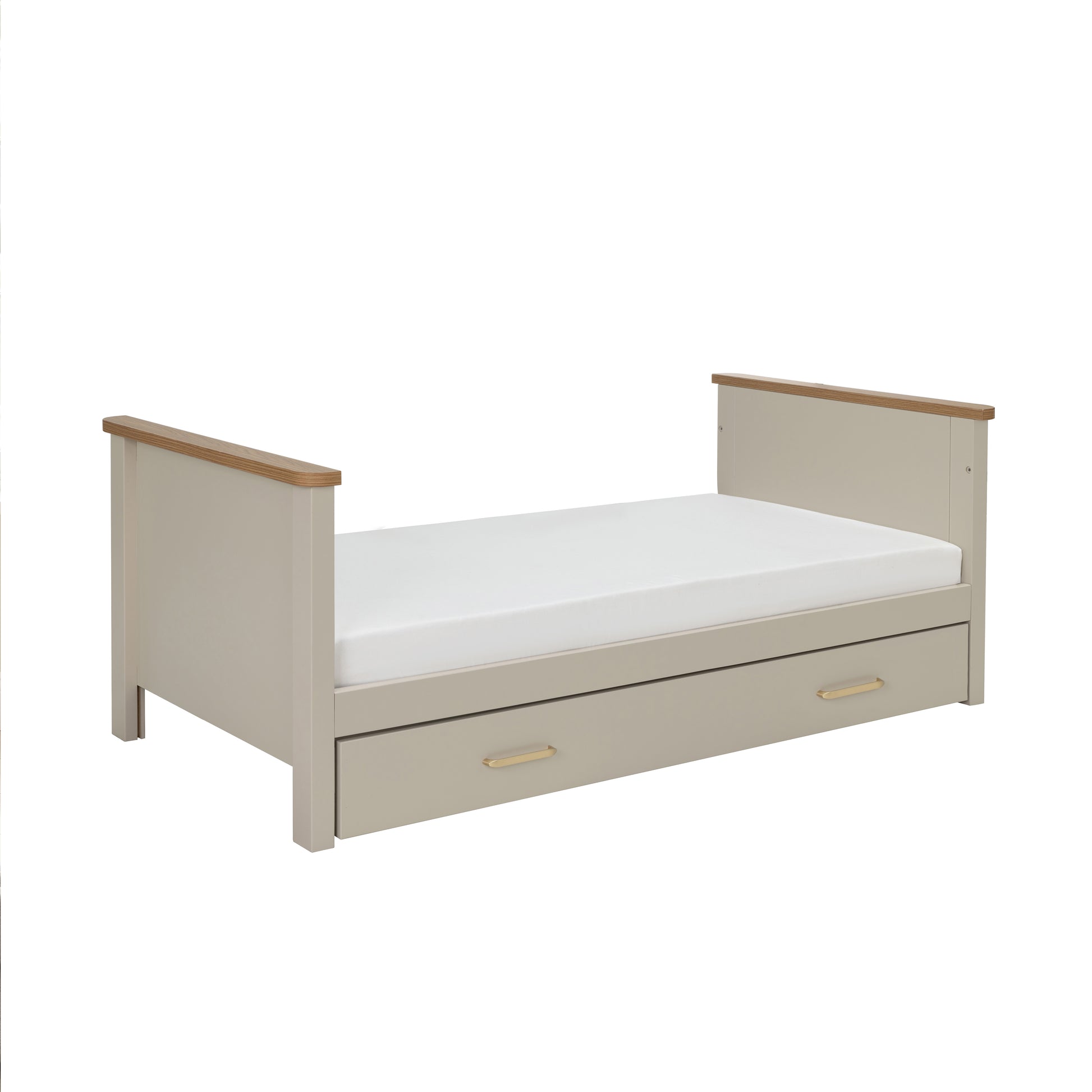 Beigemore mira cot bed in cashmere warm oak with beige wooden daybed and built-in drawer for storage