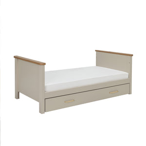 Beigemore mira cot bed in cashmere warm oak with beige wooden daybed and built-in drawer for storage