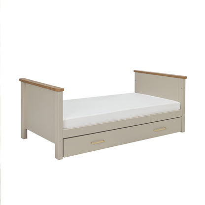 Beigemore mira cot bed in cashmere warm oak with beige wooden daybed and built-in drawer for storage