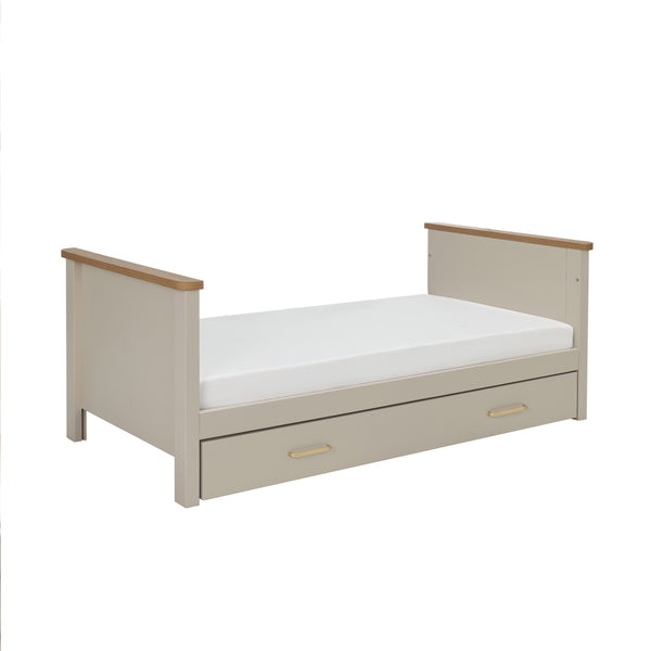 Beigemore mira cot bed in cashmere warm oak with beige wooden daybed and built-in drawer for storage