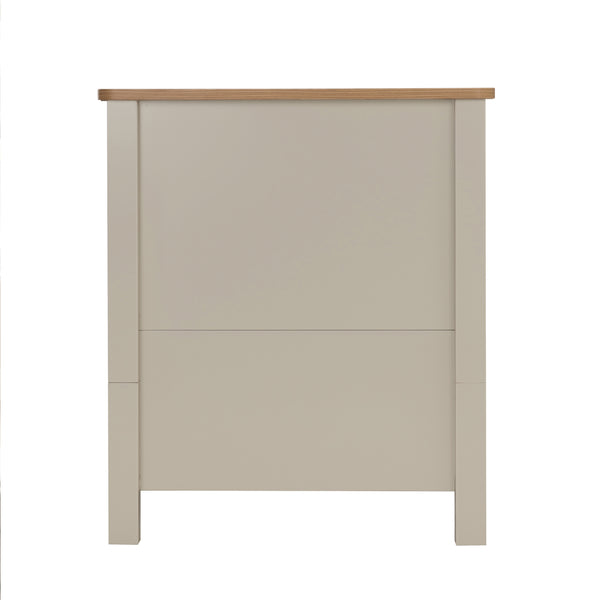 Babymore Mira cot bed with beige wooden headboard light oak top and two vertical panels in cashmere warm oak