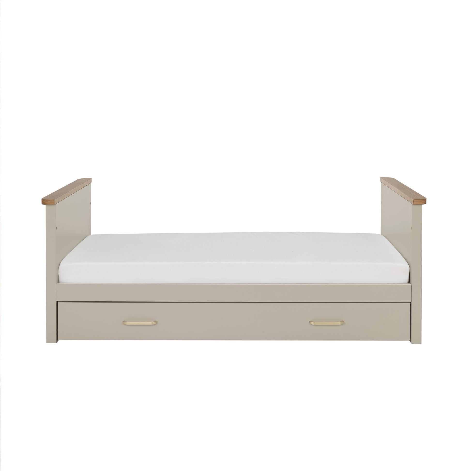 Babymore Mira cot bed beige daybed with light wood armrests and two under-bed drawers in cashmere warm oak