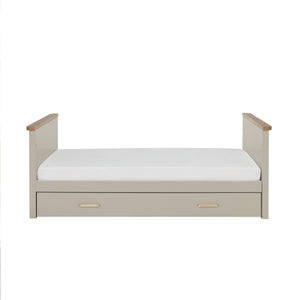 Babymore Mira cot bed beige daybed with light wood armrests and two under-bed drawers in cashmere warm oak