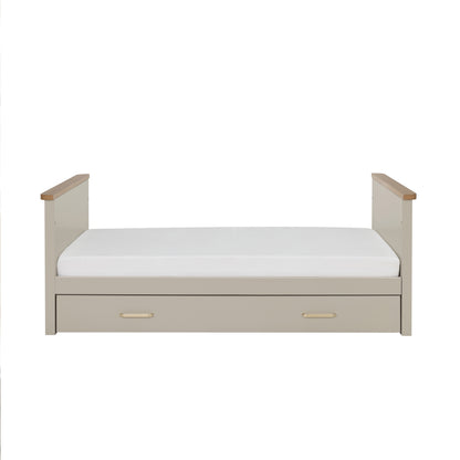 Babymore Mira cot bed beige daybed with light wood armrests and two under-bed drawers in cashmere warm oak