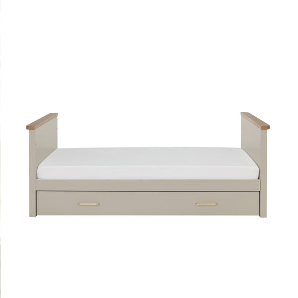 Babymore Mira cot bed beige daybed with light wood armrests and two under-bed drawers in cashmere warm oak