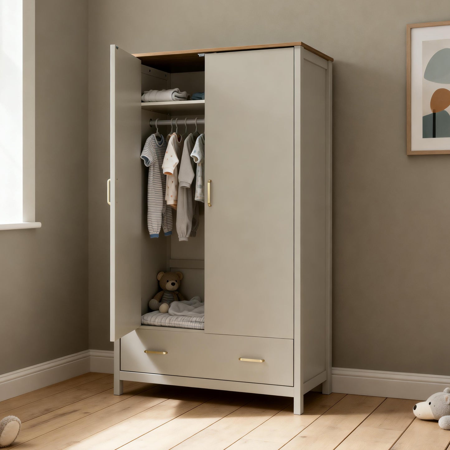 Beige two-door Babymore Mira wardrobe with wooden top and gold-tone handles featuring a lower drawer in cashmere warm oak