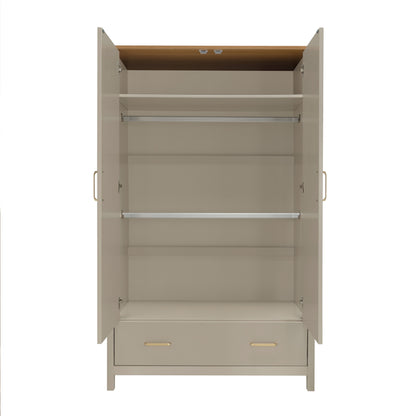 Beige two-door wardrobe with wooden top and silver handles from babymore mira 3 piece nursery furniture set in cashmere warm oak