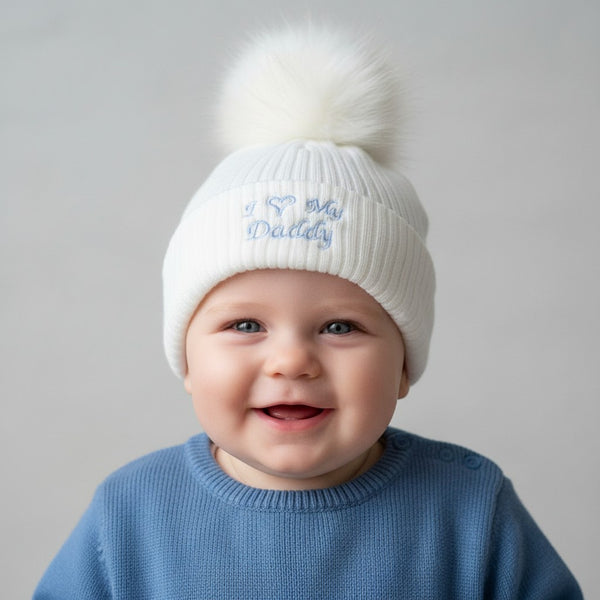 Baby Boys "I Love My Daddy" Pom Pom Hat – White & Blue