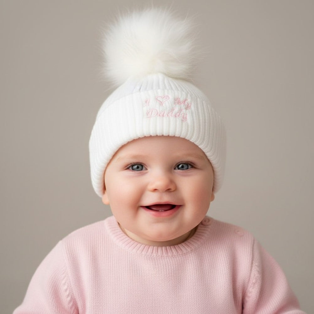 Baby Girls "I Love My Daddy" Pom Pom Hat – White & Pink
