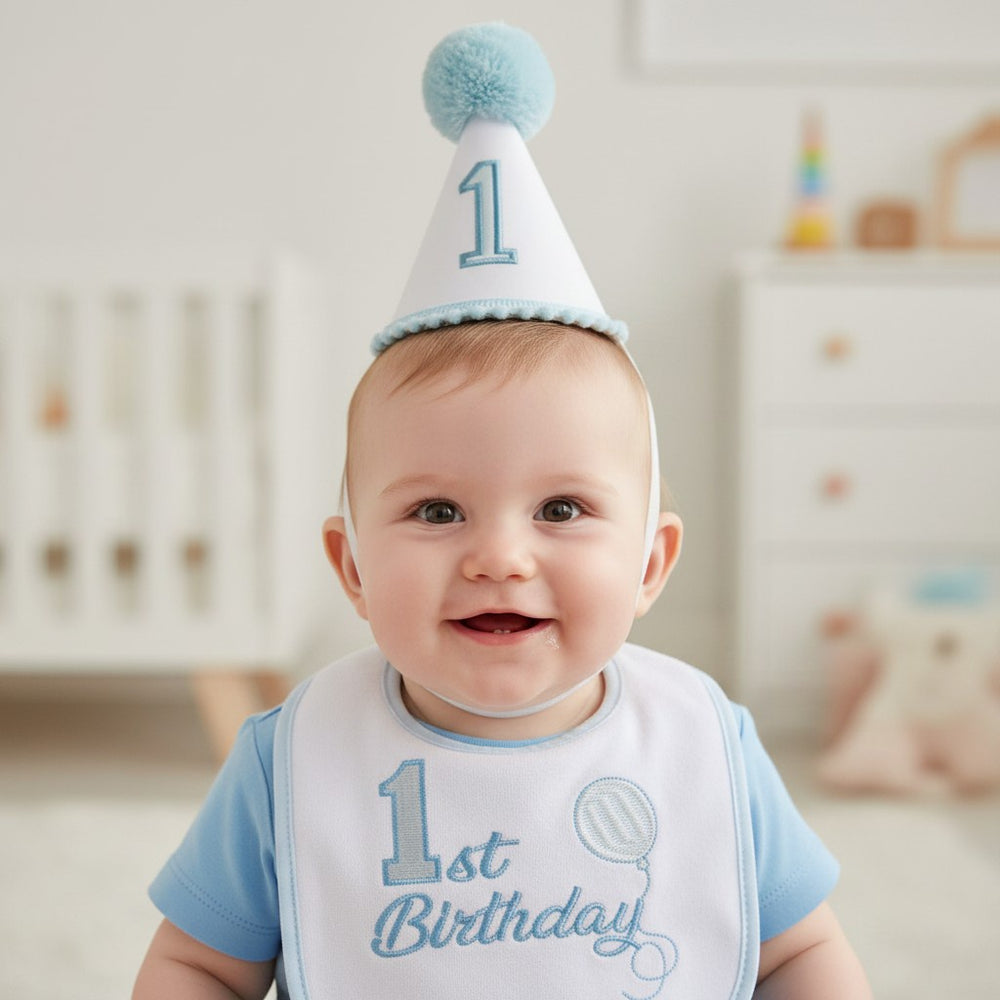 Baby Boy 1st Birthday Hat & Bib Gift Set – Blue