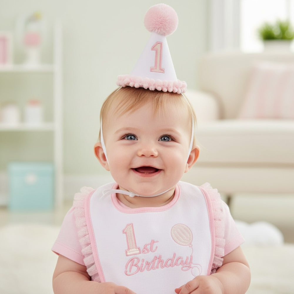 Baby Girl 1st Birthday Hat & Bib Gift Set – Pink