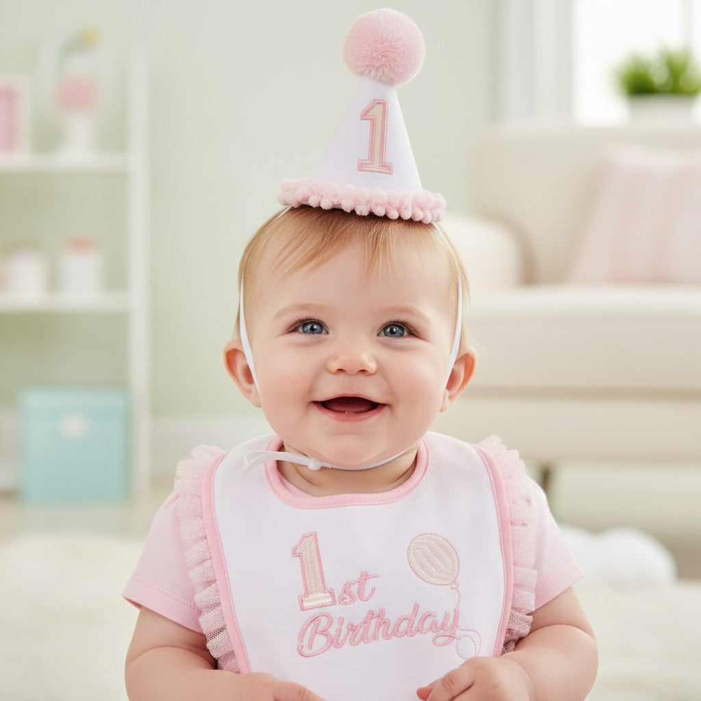 Baby Girl 1st Birthday Hat & Bib Gift Set – Pink