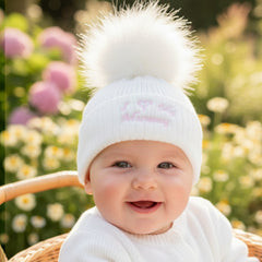 Baby Girls "I Love My Mummy" Pom Pom Hat – White & Pink