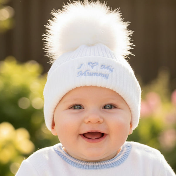 Baby Boys "I Love My Mummy" Pom Pom Hat – White & Sky Blue