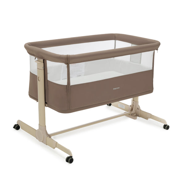 Babymore Neera bedside crib mocha beige and transparent baby bassinet with wheeled base for easy mobility