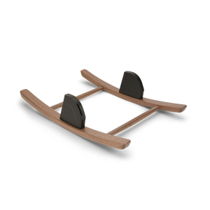 Wooden rocking horse with black plastic seat cushions included in nuna bryn highchair and newborn rocker bundle sanderson