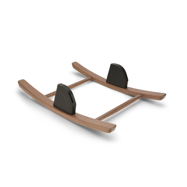 Wooden rocking horse with black plastic seat cushions included in nuna bryn highchair and newborn rocker bundle sanderson