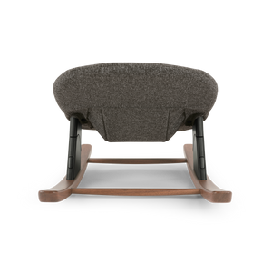 Nuna BRYN highchair and newborn rocker bundle with gray textured fabric rocking chair, wooden rockers, and black metal supports