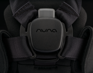 Black nuna bryn highchair harness buckle with textured fabric straps in sanderson newborn rocker bundle