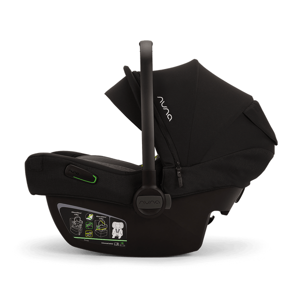 Black nuna pipa next infant carrier in caviar with sleek modern design and subtle green accent lighting
