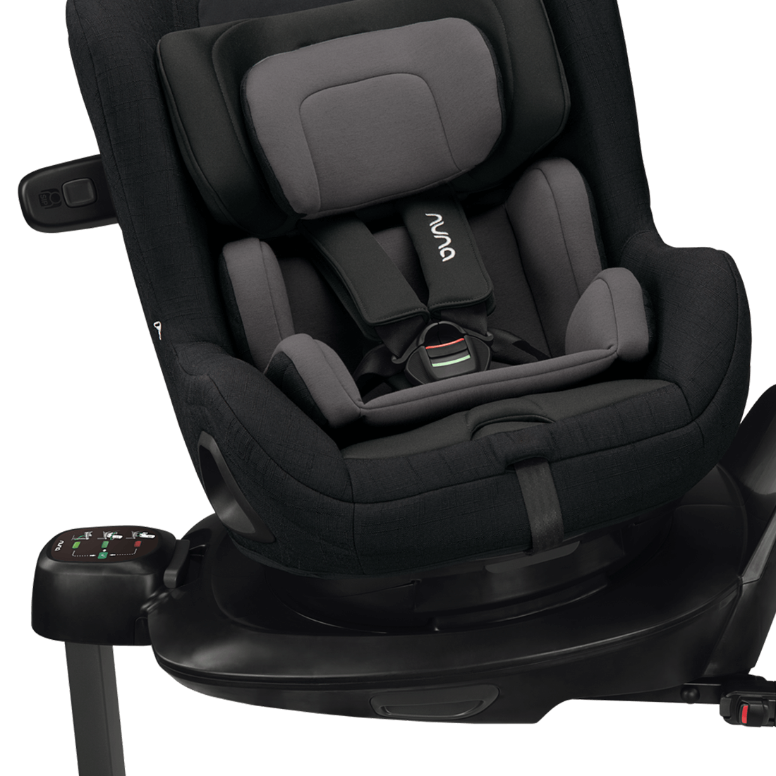 Black and gray nuna child safety seat with padded contours and adjustable harness system.