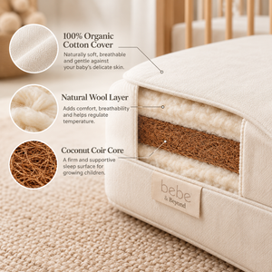 Bebe & Beyond Natural Cot Bed Mattress cutaway showing 100% organic cotton cover, breathable wool layers and firm coconut coir core.