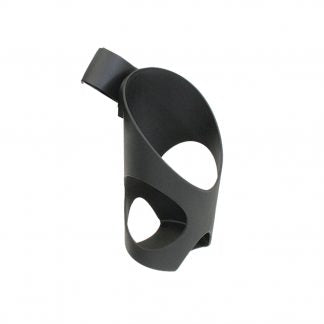 Black plastic cup holder with curved open top and two circular cutouts for oyster 4 buttermilk travel system