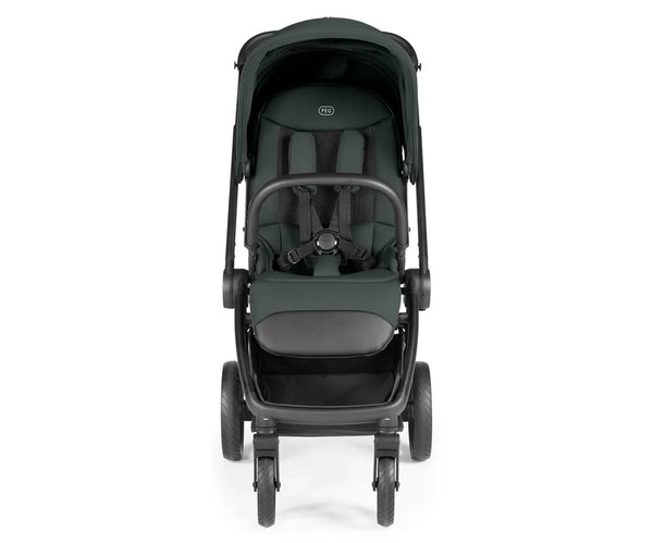 Peg perego city loop pro 3 in 1 elite travel system metal stroller in dark green and black with padded seating and adjustable harness straps