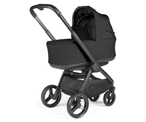 Black convertible stroller with sleek metal frame and soft fabric carriage in peg perego city loop pro 3 in 1 elite travel system