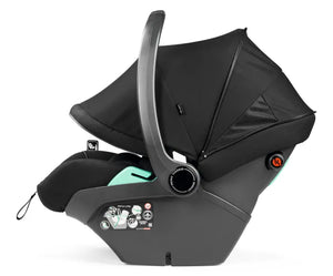 Peg perego city loop pro 3 in 1 elite travel system in true black with a sleek black and teal infant car seat featuring padded canopy and adjustable harness