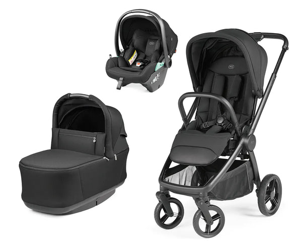 Peg perego city loop pro 3 in1 travel system in true black with sleek frame soft fabric seat bassinet and car seat