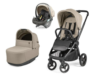 Beige and black peg perego city loop pro 3 in 1 travel system with stroller car seat and bassinet set in vanilla blend
