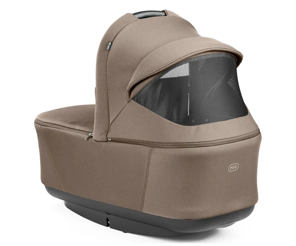 Beige fabric-covered baby carriage with black mesh window and base in peg perego city loop pro 3 in 1 elite travel system pine bark