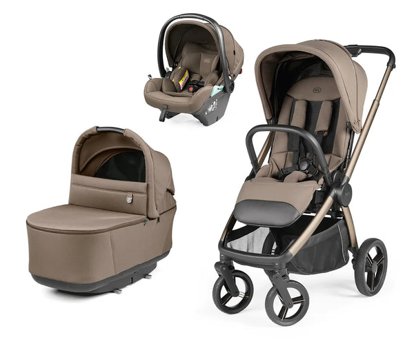 Beige and black Peg Perego City Loop Pro 3 in 1 travel system with matching car seat and bassinet in pine bark color