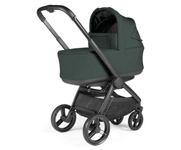 Dark green fabric lined pram with black metal frame and wheels peg perego city loop pro 3 in 1 elite travel system