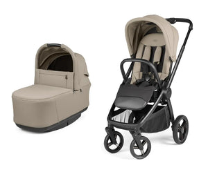 Beige and black peg perego city loop pro convertible stroller with matching carrycot and sleek modern design