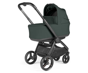 Dark green fabric-lined peg perego city loop pro stroller bassinet bundle with black metal frame and wheels