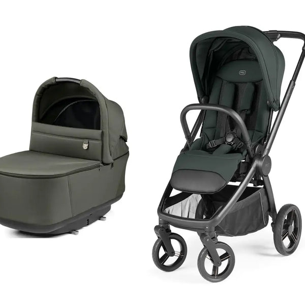 Dark green and black peg perego city loop pro stroller with matching carrycot featuring sleek metal frame design