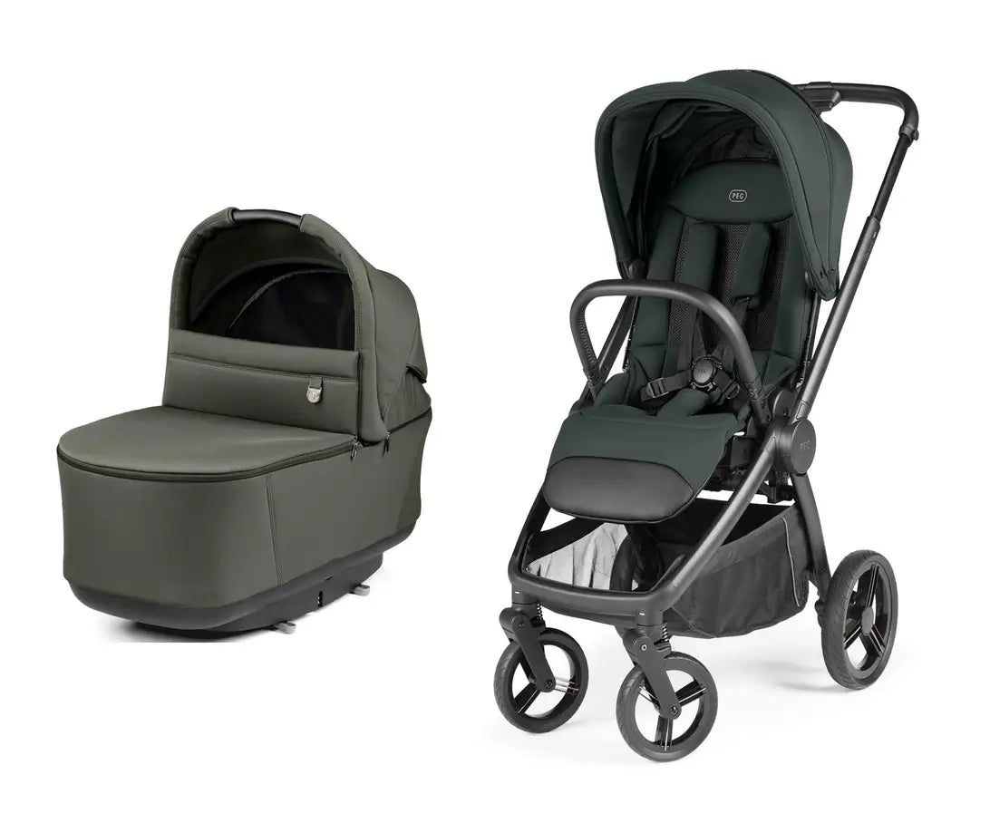 Dark green and black peg perego city loop pro stroller with matching carrycot featuring a sleek metal design
