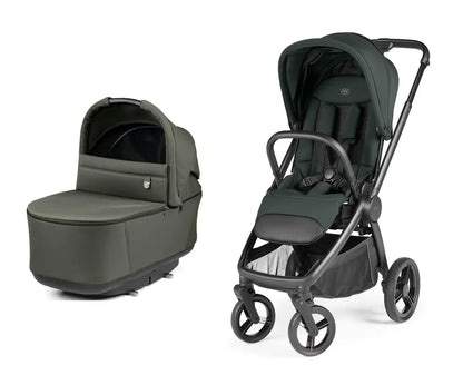 Dark green and black peg perego city loop pro stroller with matching carrycot featuring a sleek metal design
