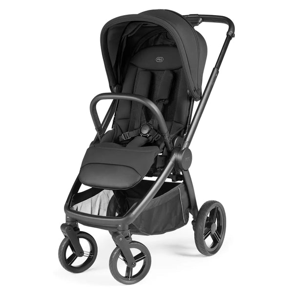 Peg perego city loop pro stroller in true black with sleek modern design and four wheels shown from the back side