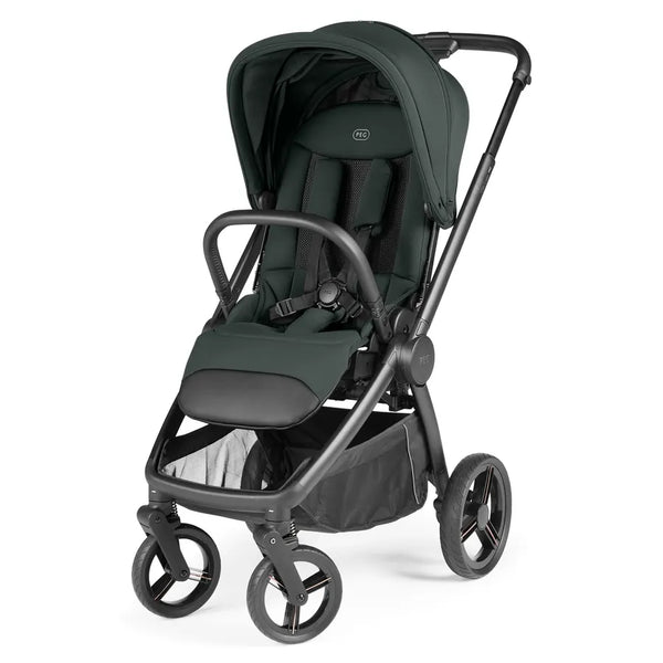 Dark green and black Peg Perego City Loop Pro stroller metal with canopy adjustable handlebar four wheels and storage basket