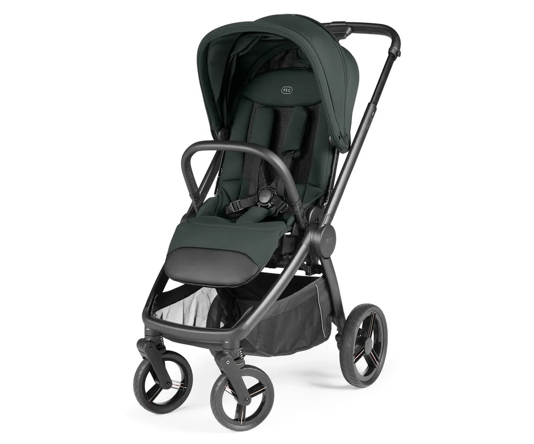Dark green and black Peg Perego City Loop Pro stroller metal with canopy adjustable handlebar four wheels and storage basket