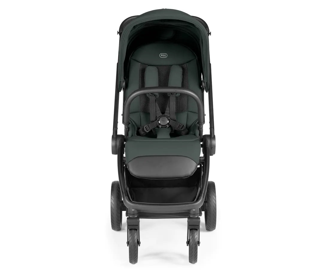 Peg Perego city loop pro stroller metal in dark green and black with sleek design padded seating and adjustable harness straps