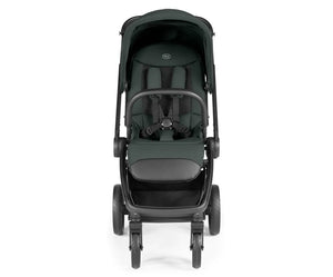 Dark green and black peg perego city loop pro stroller with sleek metal frame padded seating and adjustable harness straps