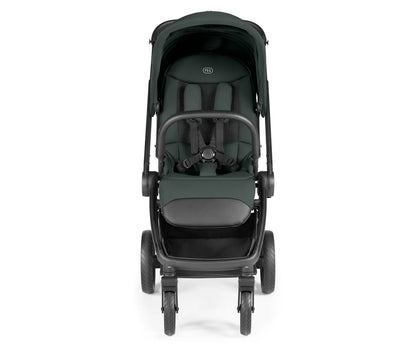 Dark green and black peg perego city loop pro stroller with sleek metal frame padded seating and adjustable harness straps