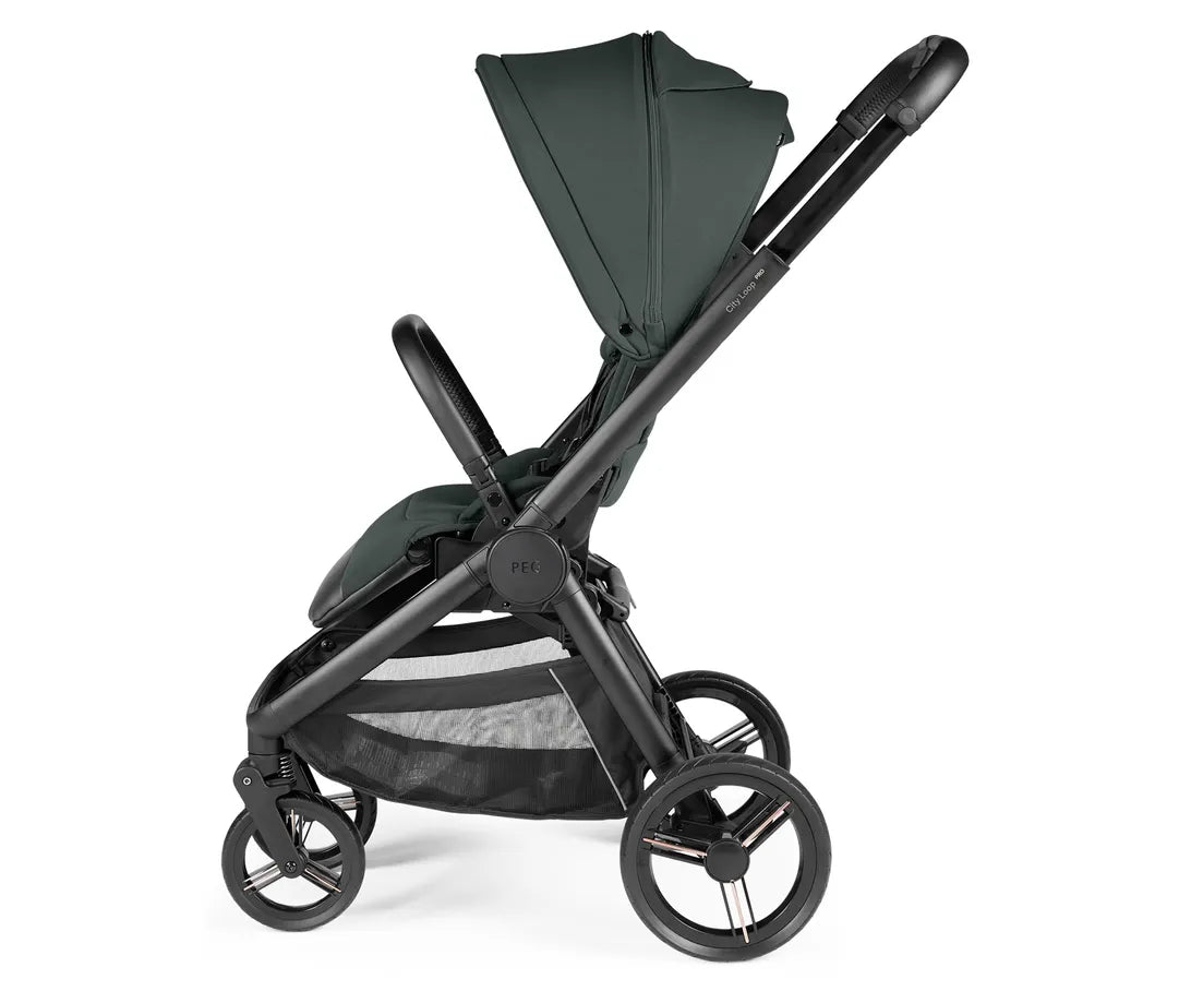 Peg perego city loop pro stroller metal in black and dark green with canopy adjustable handlebar and four wheels