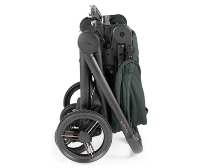 Black Peg Perego city loop pro stroller car seat bundle with deep green fabric and metal wheel hubs foldable design
