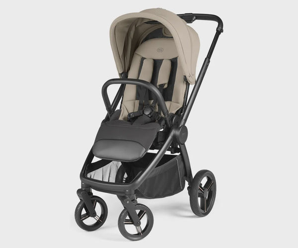 Beige and black Peg Perego City Loop Pro stroller with canopy adjustable handlebar four wheels and storage basket in vanilla blend